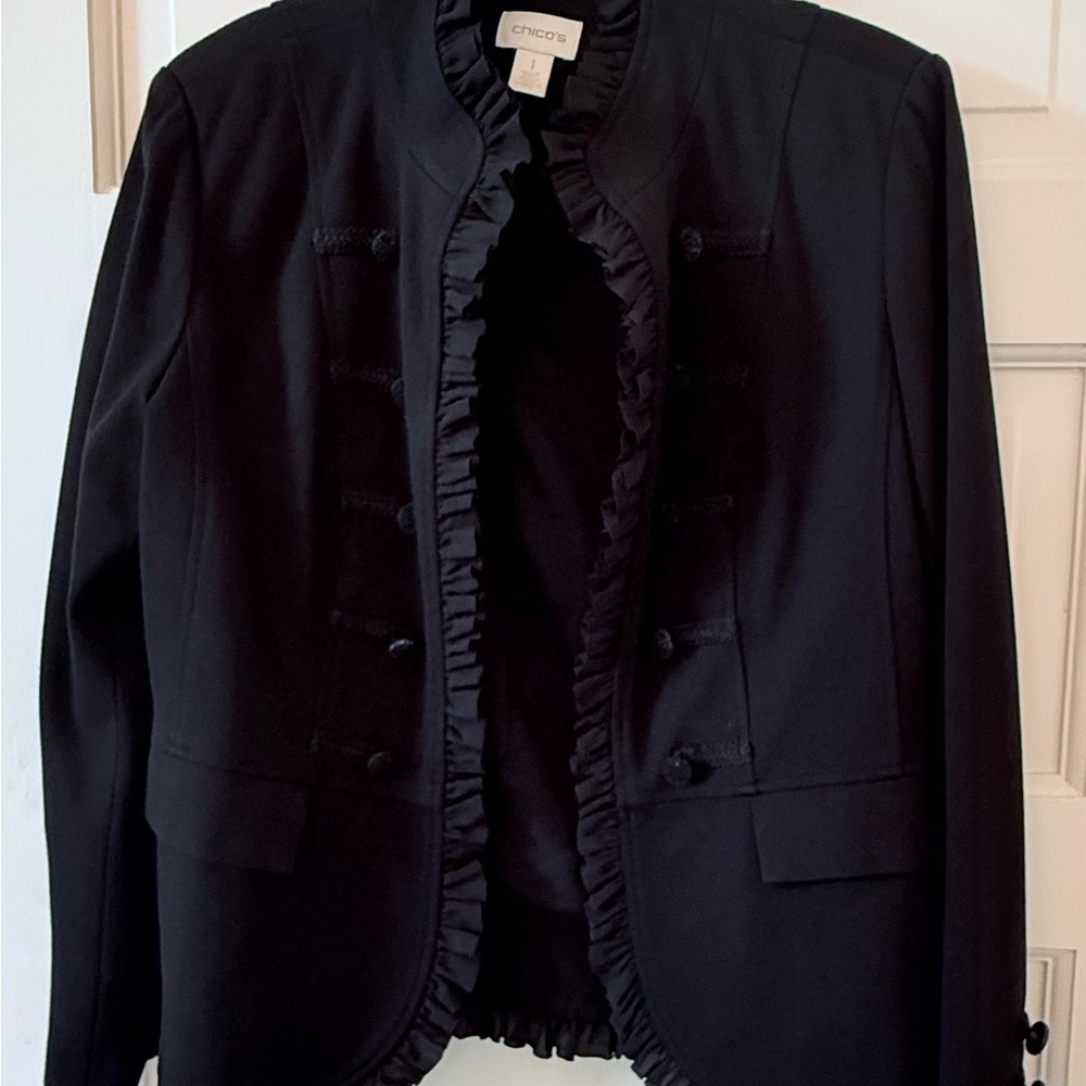 Chico's Black Ruffle-Trim Military-Inspired Blazer